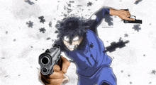 a man in a blue shirt with the number 11 on it is pointing a gun