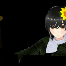 a girl with a yellow flower in her hair is wearing a scarf