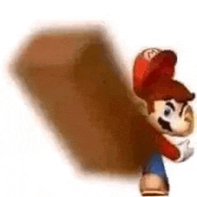 a cartoon character in a red hat is standing next to a wooden block .