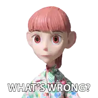 a cartoon doll with pink hair and a shirt that says what 's wrong