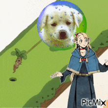 a picture of a girl with a picture of a dog in a bubble with picmix written on the bottom