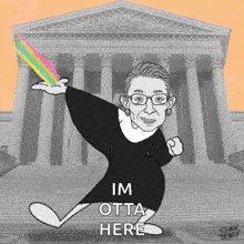 a cartoon of ruth bader ginsburg is standing in front of the supreme court building .