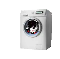 a white washing machine with a picture of a boy in the door