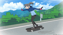 a cartoon drawing of a girl riding a skateboard on a street
