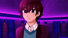 a boy in a suit and sweater stands in a dark room with purple lights