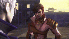 a man in a pink shirt is standing next to a man in a purple jacket in a video game .