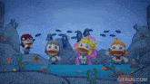 a gif from gifrun.com shows a group of cartoon characters in the ocean