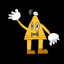 a cartoon drawing of a yellow triangle with a bow tie and gloves .