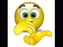 a cartoon smiley face with green eyes is pointing at something .