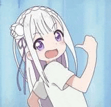 a cute anime girl with white hair and purple eyes is standing in front of a blue curtain .