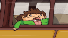 a cartoon drawing of a woman looking out of a bus window