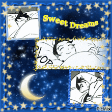 a picture of a boy sleeping with the words sweet dreams above