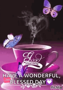 a cup of coffee with butterflies and smoke coming out of it on a saucer .