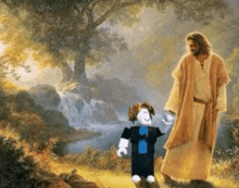 jesus is holding the hand of a roblox character in a painting