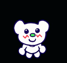 a white teddy bear with a green nose and red eyes