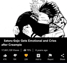 satoru gojo gets emotional and cries after screampie with a picture of two men hugging