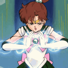 a girl in a sailor moon outfit is holding a lightning bolt