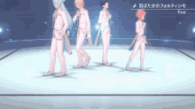 a group of anime characters are standing on a stage and the word fine is on the bottom