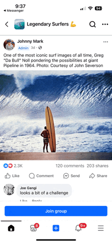 a facebook page for legendary surfers shows a picture of a man with a surfboard