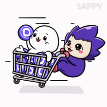 a cartoon drawing of a seal pushing a shopping cart with the word sappy on the bottom
