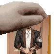a man in a suit is standing in front of a door with a large hand covering his head .