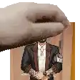 a man in a suit is standing in front of a door with a large hand covering his head .