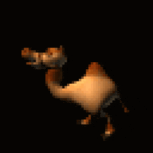 a pixelated image of a camel jumping in the air on a black background