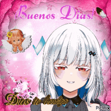 a picture of a girl with the words buenos dias written above her