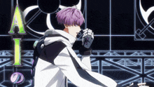 a person with purple hair is standing in front of a sign that says a