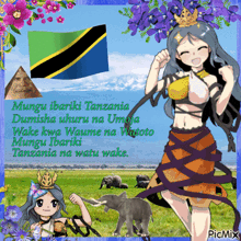 a picture of a girl with a crown on her head and elephants with the words " mungu ibaki tanzania "