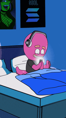 a cartoon character is sitting on a bed with headphones on