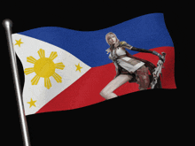 a filipino flag with a woman holding a sword on it