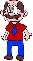 a cartoon drawing of a man with a mustache wearing a red shirt and blue tie
