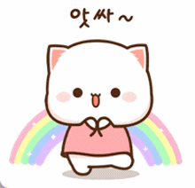 a cartoon cat is standing in front of a rainbow and wearing a pink shirt .