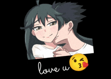 a man kissing a woman on the cheek with the words love u written on the bottom