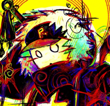 a colorful painting of a person with the letter r on the hat
