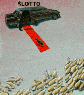 a drawing of a man standing on a red carpet next to a limousine with the word lotto on it