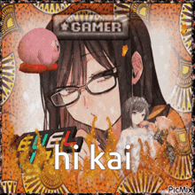 a picture of a girl with glasses and a sign that says gamer