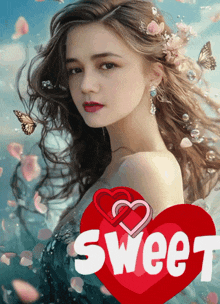 a picture of a woman with a red heart that says sweet on it