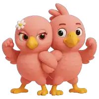 two pink birds are standing next to each other and one has a flower on its head