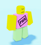 a yellow roblox character is wearing a pink pwn shirt