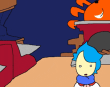 a cartoon character with blue hair and a scarf stands in front of an orange monster