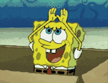 a cartoon of spongebob is making a peace sign