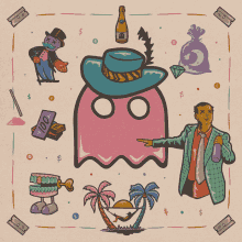 a cartoon drawing of a ghost with a bottle of champagne and a bag of money