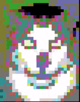 a colorful pixel art of a person with a hat on