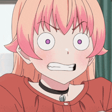 a girl with pink hair and purple eyes is making a surprised face
