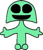 a green cartoon character with black eyes and a smile on its face .