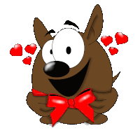 a cartoon dog is wearing a red bow and hearts are flying around him