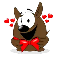 a cartoon dog is wearing a red bow and hearts are flying around him