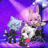 a group of cartoon characters are playing drums and a guitar on a stage .